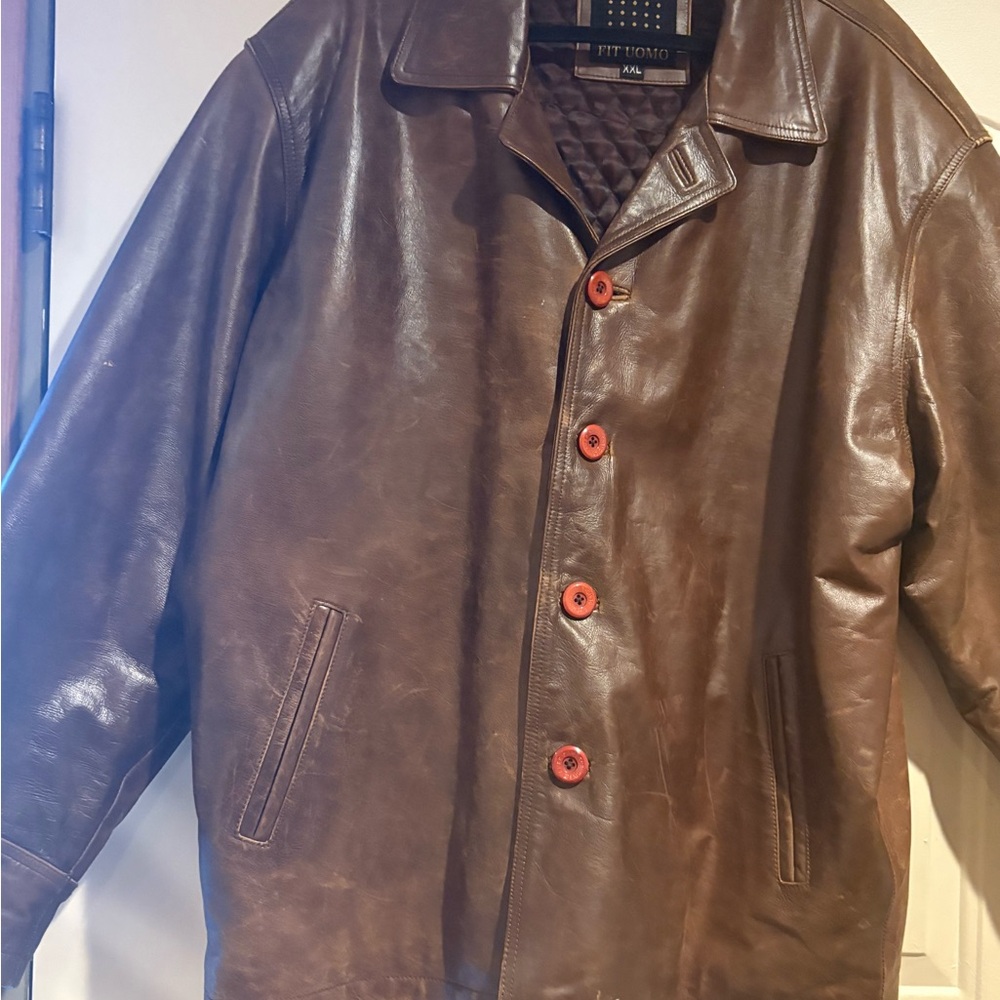Men's Brown Leather Jacket with Red Accents